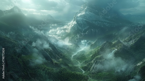 Misty mountain valley with waterfalls