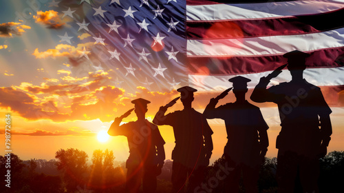 Silhouettes of soldiers saluting against an American flag and dramatic sunrise backdrop