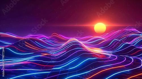 Abstract background with neon lines, waves and sun photo