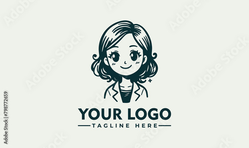 Simple Vector hand drawing of a smiling woman Teacher Logo Vector Illustration vintage