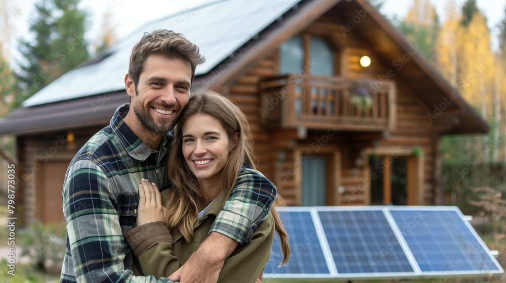Happy hugging caucasian couple standing near their new passive house with solar panels on the rooftop and on the ground