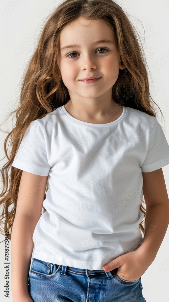 Obraz premium Little girl wearing white blank green t shirt mockup for print image portrait isolated