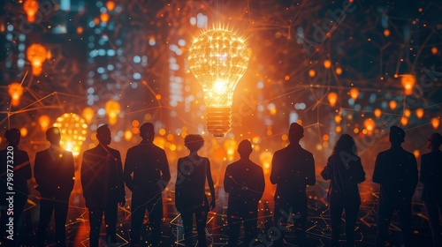 People standing in front of a glowing light bulb representing new ideas and innovation.