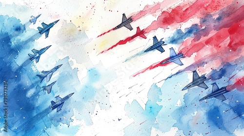 A watercolor painting of a squadron of fighter jets flying in formation, with red, white, and blue smoke. photo