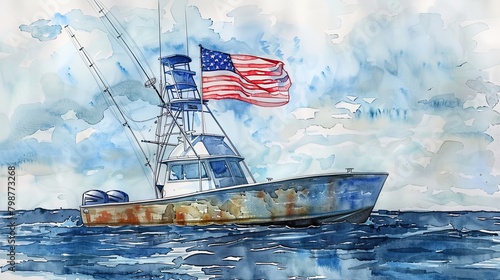 An illustration of an old rusty boat with an American flag.