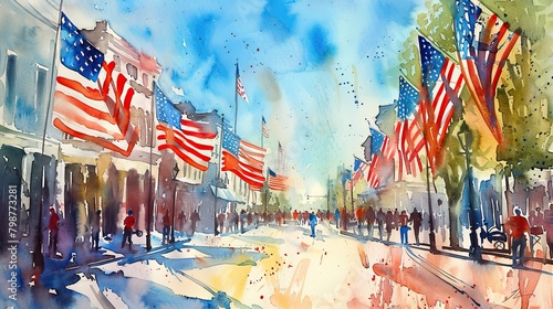 Main Street in a small American town decorated with American flags for the 4th of July holiday.