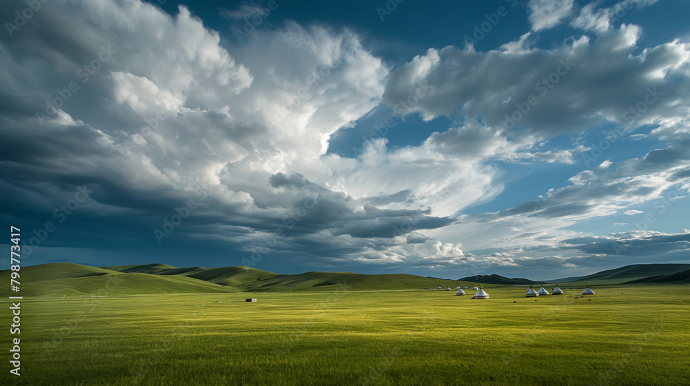 Obraz premium Ominous storm clouds looming over vibrant green hills, with traditional tents scattered in the distance
