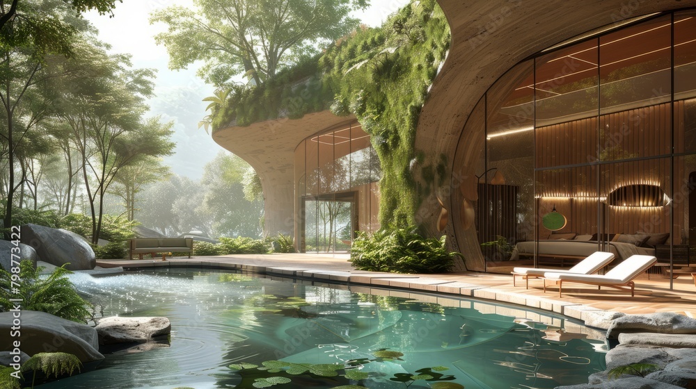 Photo of a luxury villa with a pool in the middle of a jungle