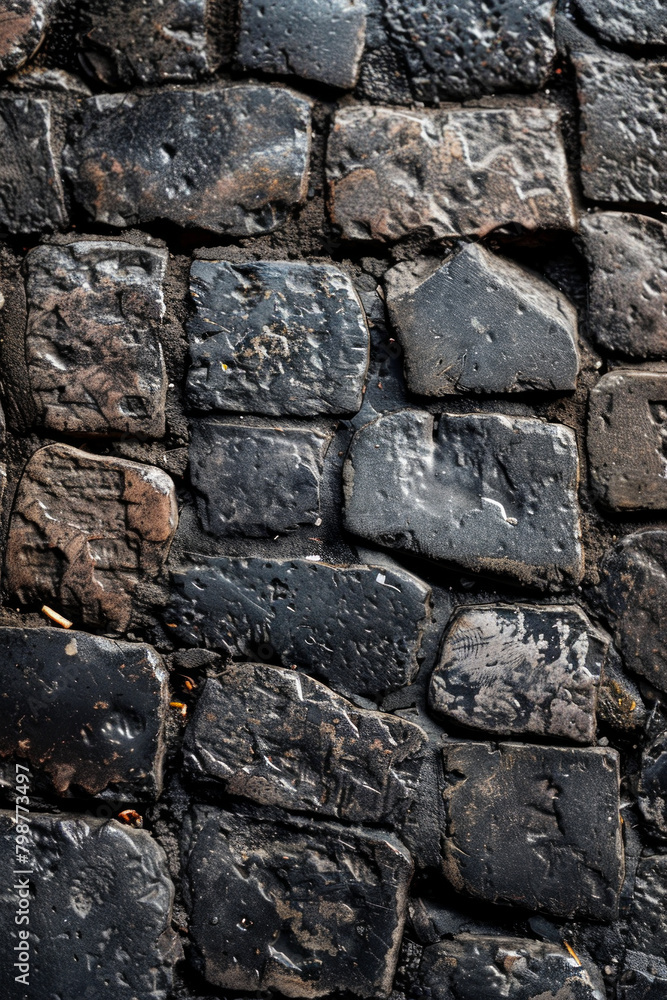 Textured surface of cobbled stones, showcasing their irregular shapes and worn surfaces. Cobbled stone textures offer a classic and timeless backdrop