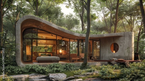 Photo of a modern house with a curved concrete roof and walls made of glass and wood, surrounded by a lush forest.