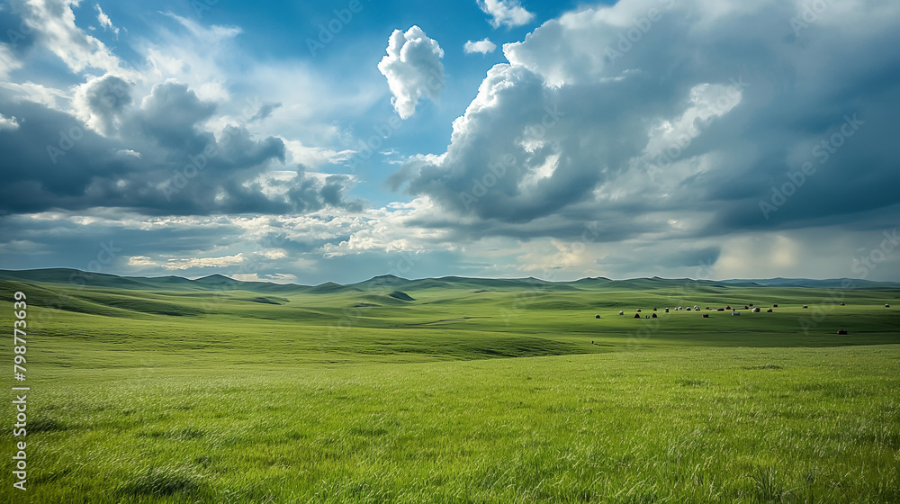Rolling green fields stretch beneath a mesmerizing sky filled with dynamic cloud formations Rolling green fields stretch beneath a mesmerizing sky filled with dynamic cloud formations