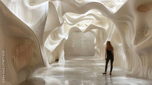 The image is of a woman standing in a white, organic, cave-like structure. photo