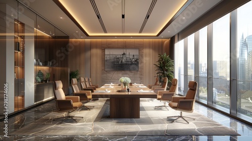 The interior of a modern office with a large wooden conference table, brown leather chairs, and a view of the city from the windows. photo