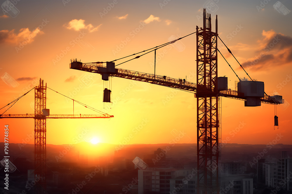 Tower crane looming over a apartment construction site at sunset, with the city skyline stretching into the horizon. Generative AI