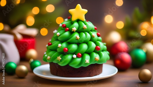 Christmas-themed sweet tree made of chocolate brownies and decorated with colorful candies 