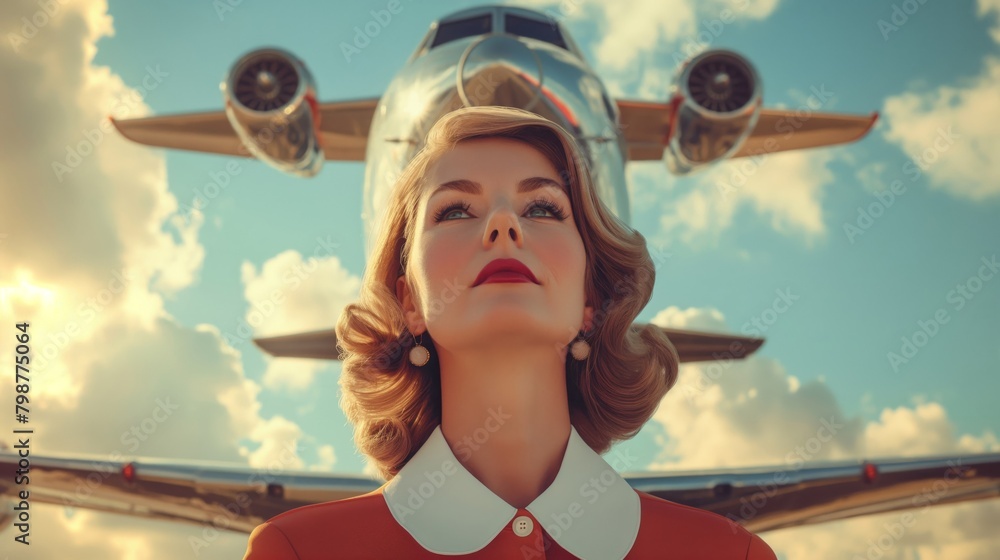 © Riccardo - Nostalgic depiction of a classic-era stewardess gazing up at a vintage airplane soaring through sunny, cumulus clouds © Riccardo - Nostalgic depiction of a classic-era stewardess gazing up at a vintage airplane soaring through sunny, cumulus clouds