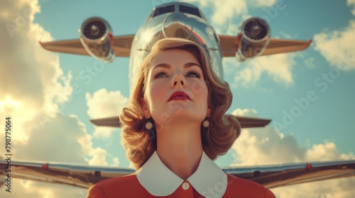 Nostalgic depiction of a classic-era stewardess gazing up at a vintage airplane soaring through sunny, cumulus clouds