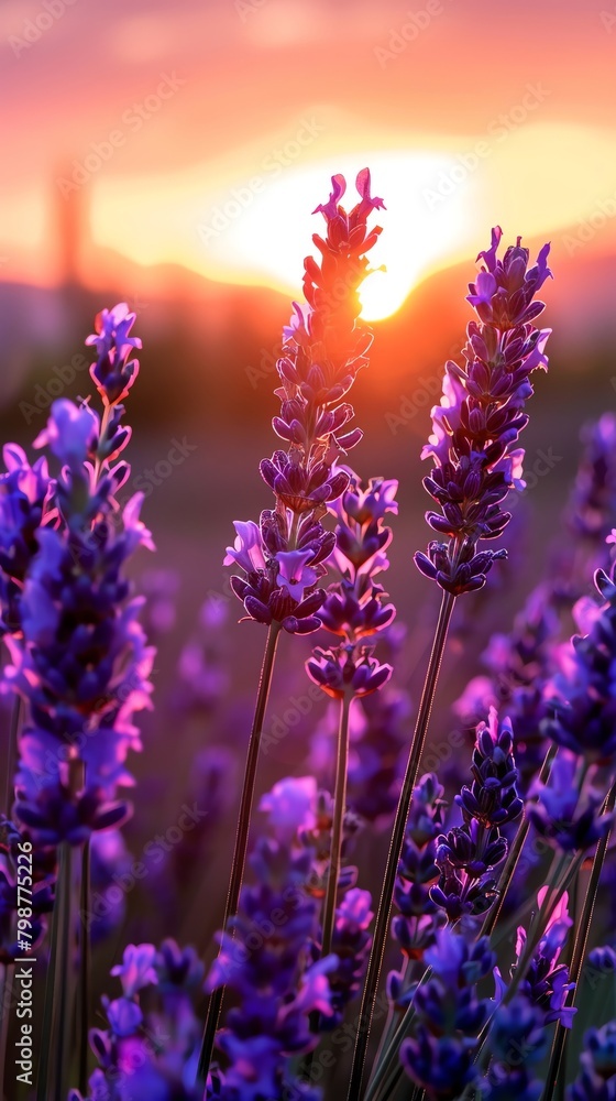 A sunset behind a field of lavender, with the flowers glowing under the warm light A sunset behind a field of lavender, with the flowers glowing under the warm light