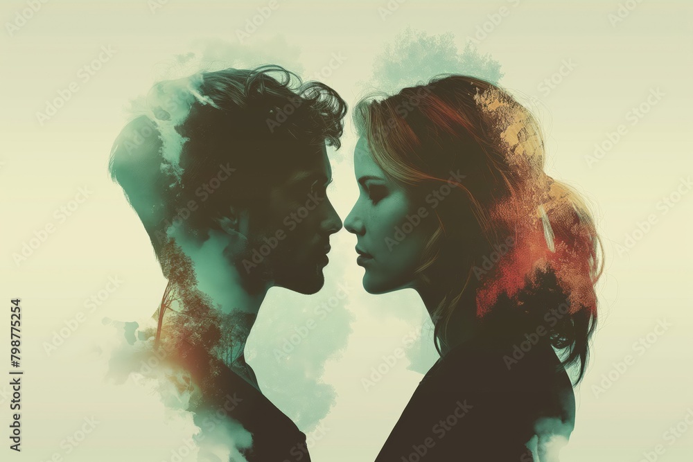 Dreamy double exposure image of a couple's intimate silhouettes merging with abstract pastel watercolor textures Dreamy double exposure image of a couple's intimate silhouettes merging with abstract pastel watercolor textures