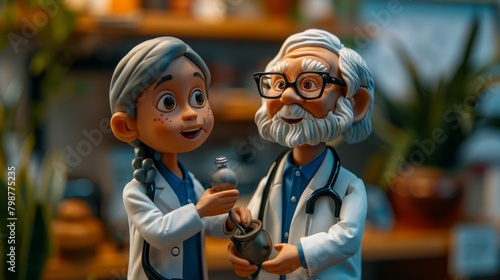 Two claymation doctors in a lab, one is holding a pestle and mortar and the other is holding a bottle of medicine