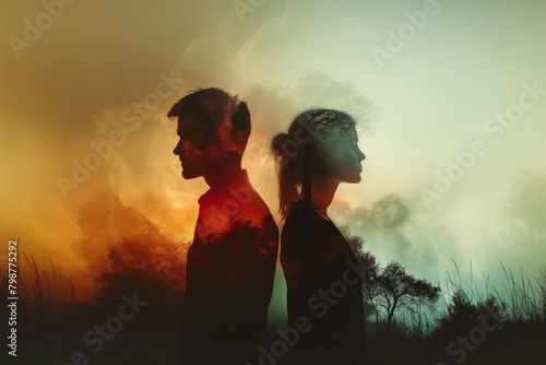 Tranquil silhouettes of a man and woman against a twilight sky, conveying a feeling of unity and reflective atmosphere
