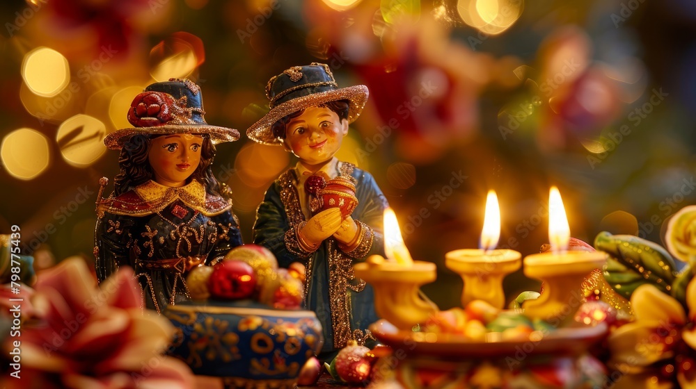 Two porcelain figurines of children in traditional costumes stand in front of a blurry background of Christmas lights.