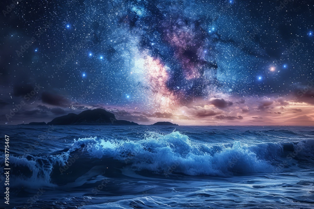 A serene night scene with a dazzling starry sky reflecting over a calm blue ocean, with distant coastline silhouettes.