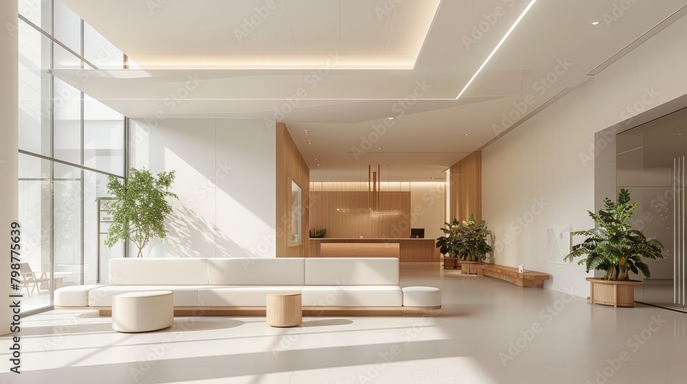 Waiting area with white walls, plants, and large windows Waiting area with white walls, plants, and large windows