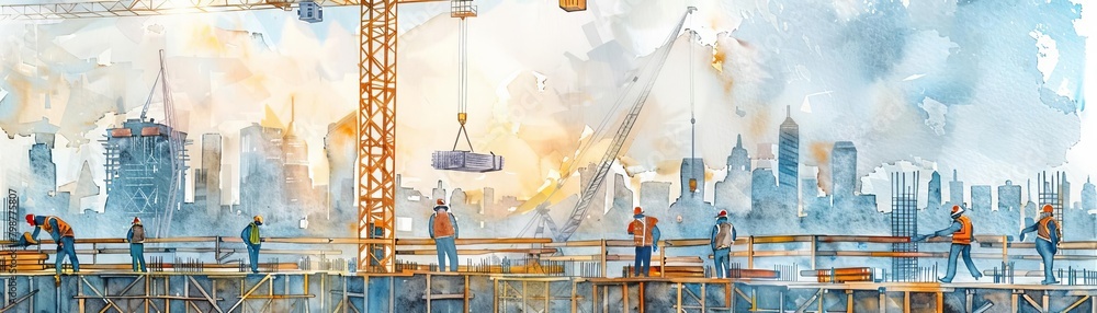 A watercolor painting of construction workers on a high rise building with the sun rising in the background.