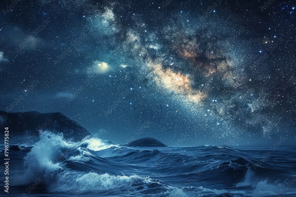 A serene night scene with a dazzling starry sky reflecting over a calm blue ocean, with distant coastline silhouettes.