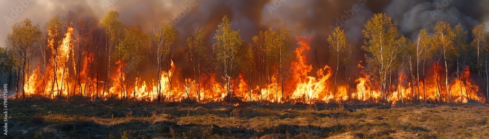 A wildlife documentary scene showing a forest fire in progress, with the motion of flames and smoke dramatically highlighted A wildlife documentary scene showing a forest fire in progress, with the motion of flames and smoke dramatically highlighted
