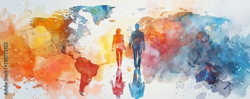 A watercolor painting of two people walking on a map of the world.