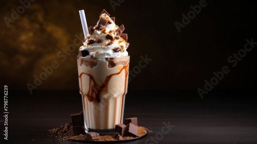 Photo of sweet Milkshake on dark background for promotion