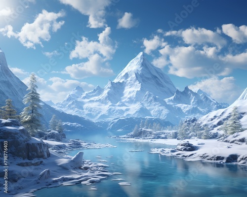 Travel to a 3D rendered icy mountain landscape, infused with elements of fantasy, high resolution, perfect for adventurous spirits ,3DCG,high resulution,clean sharp focu © Dadee