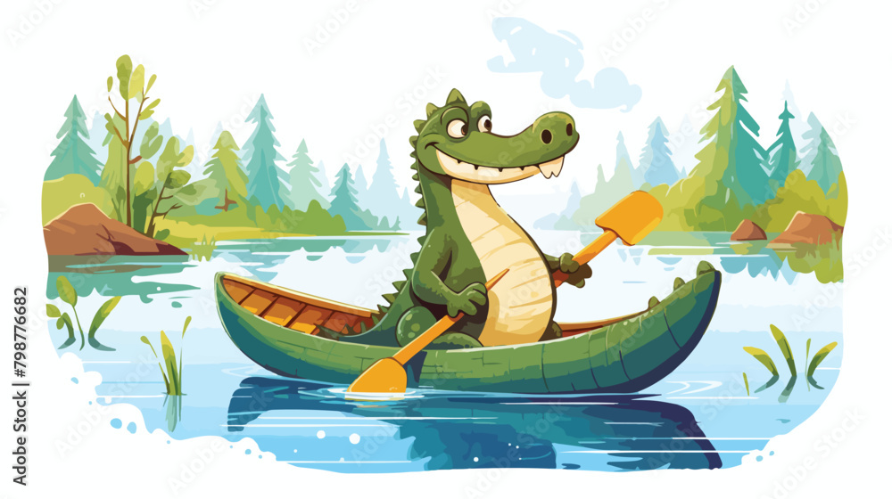 Cute crocodile fishing. Happy funny Scandinavian an