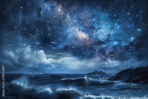 A serene night scene with a dazzling starry sky reflecting over a calm blue ocean  with distant coastline silhouettes.