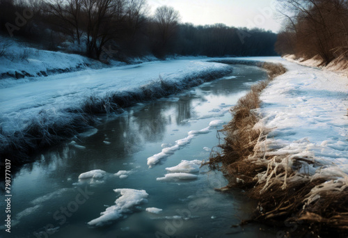 meanders problems first spring Ukraine days drift changes Zhvanets beautiful Ice Weather village river Frozen winter Dnister covered Environment Background Texture Water Sky Travel photo