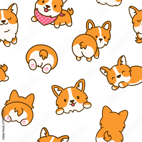 Cute kawaii corgi dog. Seamless pattern. Funny puppy cartoon animal characters. Hand drawn style. Vector drawing. Design ornaments.