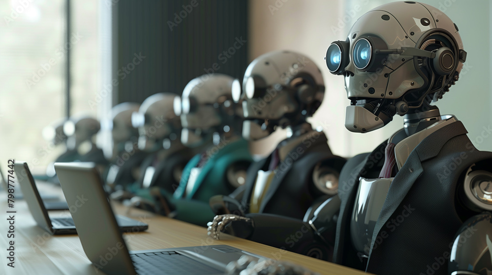 Fototapeta premium Robots in business suits attending a meeting with laptops.