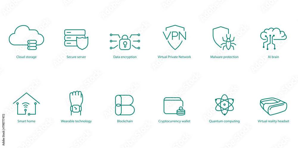 Art & IllustrationAdvanced Tech Vector Icons: Cloud Storage, Secure Network, Data Encryption, VPN, Malware Protection, AI Brain, Smart Home, Smart Wearable, Crypto Wallet, Quantum Computing, Virtual R