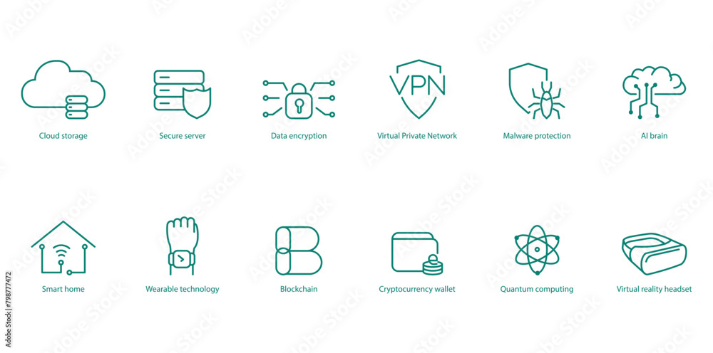 Art & IllustrationAdvanced Tech Vector Icons: Cloud Storage, Secure Network, Data Encryption, VPN, Malware Protection, AI Brain, Smart Home, Smart Wearable, Crypto Wallet, Quantum Computing, Virtual R Art & IllustrationAdvanced Tech Vector Icons: Cloud Storage, Secure Network, Data Encryption, VPN, Malware Protection, AI Brain, Smart Home, Smart Wearable, Crypto Wallet, Quantum Computing, Virtual R