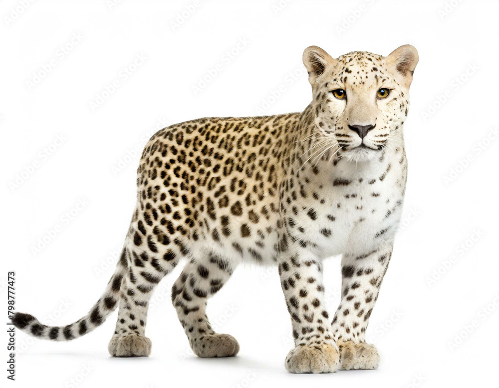 Naklejka premium Albino Leopard stehend auf vier beinen isoliert auf weißen Hintergrund, Freisteller