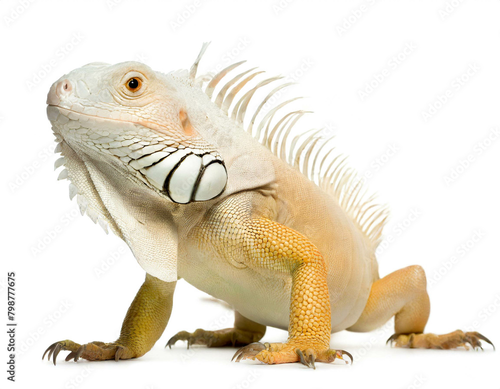 Obraz premium Weißer Albino Leguan auf vier beinen isoliert auf weißen Hintergrund, Freisteller
