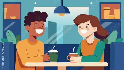 The smell of freshly brewed coffee fills the air as two friends huddle together in a booth laughing and chatting about their latest crushes and dating. Vector illustration
