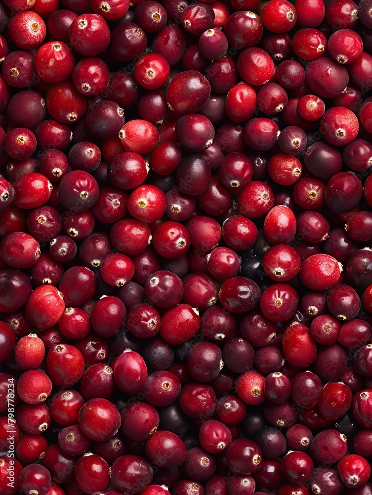 Fresh cranberries scattered across a table.