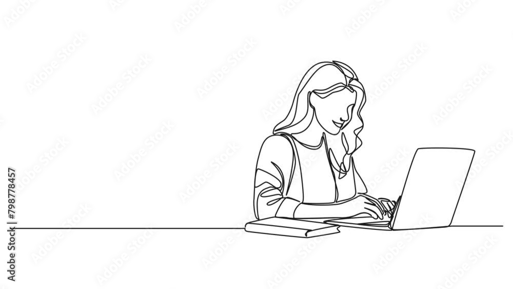 animated continuous single line drawing of female student using laptop computer, line art animation animated continuous single line drawing of female student using laptop computer, line art animation