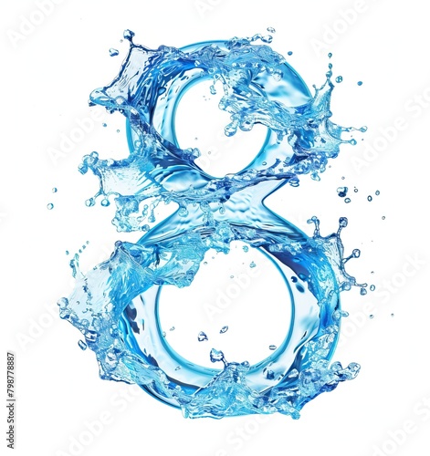 The image shows a blue, 3D rendering of the number eight made out of splashing water. The number is on a white background.