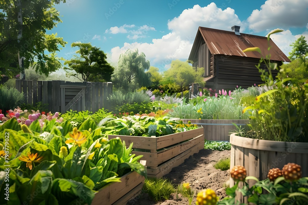 Fresh vegetables are planted next to the wooden house on the farm