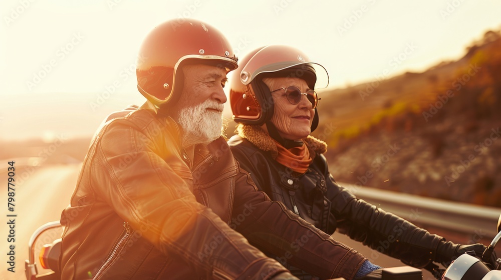 Elderly couple on a motorcycle tour, cruising on a highway with helmets