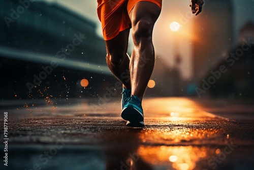 Athletic male runner sprinting on a track, closeup on running shoes and athletic wear, dynamic motion, professional sports training